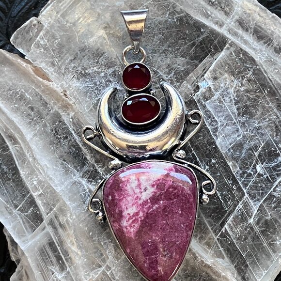 Thulite Rosaline and Garnet Witchy Mustic Lunar Crystal Stone Jewelry Pendant - Picture 5 of 7